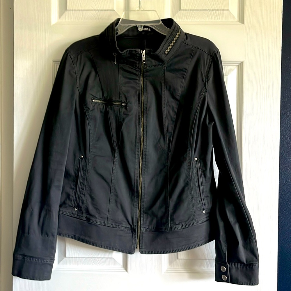 Gun metal grey bomber jacket with studded and zippered accents